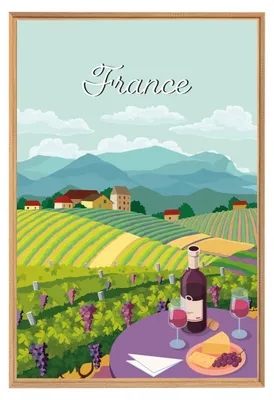 Image de Tableau mural encadré illustration vignoble France 65x97 cm, Tableau mural moderne pour décoration intérieure