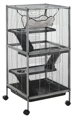 Obrázek produktu pro Klec pro menší zvířata – ocelová klec pro morčata a činčily – 3 patra – 4 kolečka – závěsná síť – výsuvná zásuvka – 52x52x113,5 cm – armádní zelená