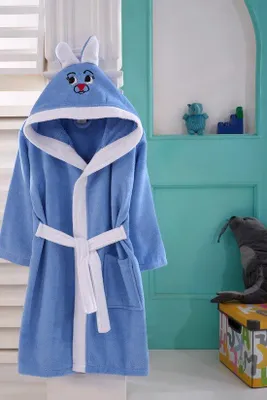 Produktbild von Sns Kinderbademantel mit Kapuze Hasenmotiv Baumwolle Blau Weiß 146/152