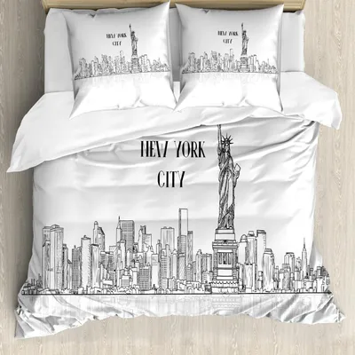 Produktbild von ABAKUHAUS NYC Bettbezug Set, New York City Amerikanische Sehenswürdigkeiten Stadtbild mit Berühmten Gebäuden Kontur, 155 x 220 cm + 80 x 80 cm, Charcoal Grau und Weiß