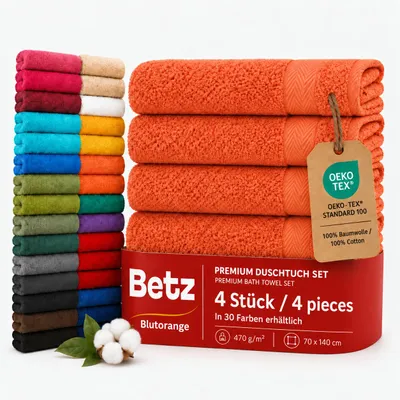 Zdjęcie produktu dla Betz, 4 sztuki ręczników do kąpieli, 70 x 140 cm, PREMIUM, 100% bawełna, ręcznik plażowy. Kolor: pomarańczowo-czerwony, Obraz wygenerowany przez AI