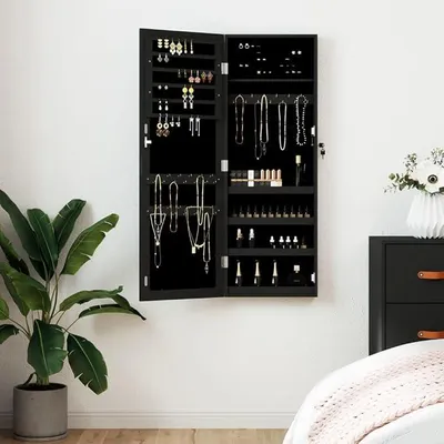 Produktbild von Schmuckschrank mit Spiegel, Holzwerkstoff, Abschließbar, Praktischer Spiegel, Schmuckaufbewahrung, für Schlafzimmer und Wohnzimmer, Schwarz, 37,5 x 10 x 106 cm