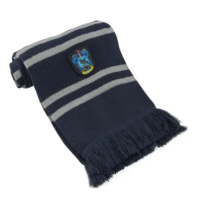 A folded scarf with a crest on a white background.