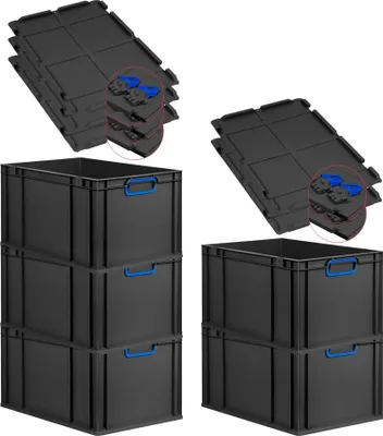 Produktbild von SuperSparSet 5x Eurobox NextGen Color mit Scharnierdeckel und Schiebeschnappverschlüssen | HxBxT 32x40x60cm | 65 Liter | Schwarz | Griffe blau geschlossen | Verstärkter Boden | Eurobehälter, Transportbox, Transportbehälter, Stapelbehälter