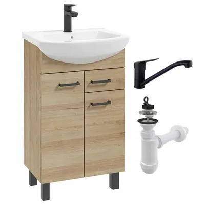 Image de Stamar | Armoire de salle de bains avec lavabo - 50 cm hêtre - avec tiroir - noir robinetterie rotative siphon