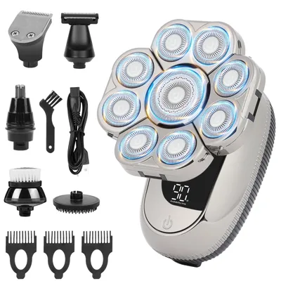 Produktbild von Glatzen Rasierer Herren IPX6 Wasserdicht Kopfrasierer Glatze mit 9D Scherköpfe Wiederaufladbarer Rasierer Magnetische Schwebender Kopf mit LED 9D 6 in 1