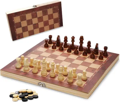 Immagine prodotto di Bettizia set scacchi 29x29 cm scacchiera pieghevole in legno pezzi scacchi 3 in 1 backgammon gioco da tavolo da viaggio gioco di strategia per bambini adulti famiglia in viaggio