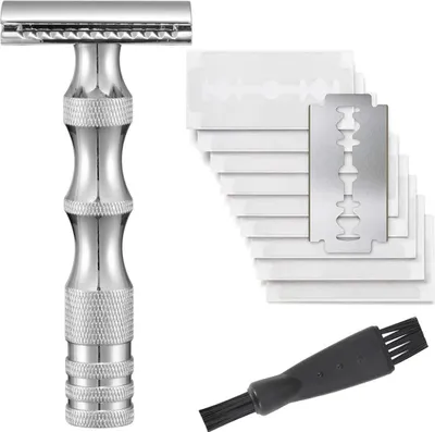 Image de INF Rasoir de Sûreté Métal Vintage, 10 Lames et Brosse de Nettoyage Argent