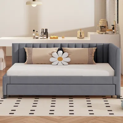 Produktbild von Polsterbett 90*200, Ausziehbares Schlafsofa, Multifunktionsbett mit Lattenrost, Jugendbetten Kinderbetten Gästebetten, Samtstoff Grau