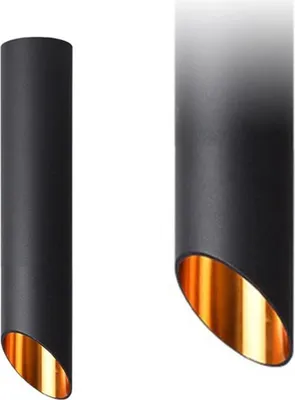 Two black cylindrical pendant lights with gold interiors are shown against a white background. One light is shown whole, and the other is shown from an angle, revealing its interior.