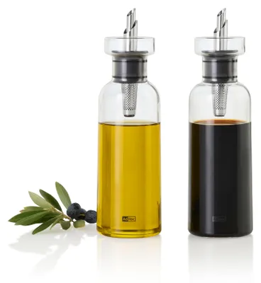 Produktbild von AdHoc Set Öl- und Essigspender AromaPour, mit original AdHoc PreciseFlow, Glas / Edelstahl / Silikon
