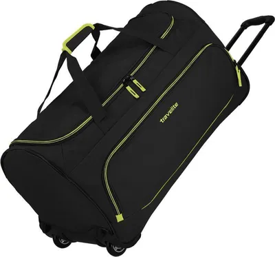 A black Travelite trolley bag with yellow accents is shown against a white background.