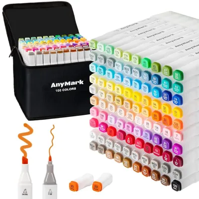 Immagine prodotto di Set di pennarelli alcolici con 100 colori, punta doppia (a scalpello e fine), ideali per artisti, con custodia