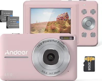 Produktbild von Andoer Tragbare 1080P-Digitalkamera, Video-Camcorder, 44 MP, Autofokus, 2,5 IPS-Bildschirm, 16-facher Digitalzoom, mit 32 GB Speicherkarte, 2 Batterien, Weihnachtsgeschenk fuer Kinder, Teenager