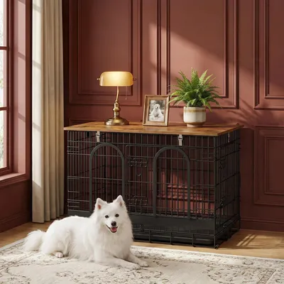 Produktbild von Hundekäfig Möbel, 94 cm Drahtmöbel Hundekäfig, Schwarz Braun | Draht-Hundebox für Drinnen/Draußen, Faltbar mit Bodenschale, Größe L für Kleine