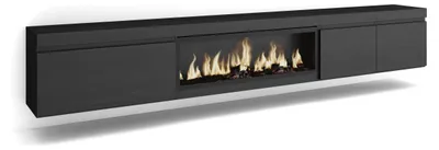 TV-Lowboard mit LED-Kamin, 288x45x35 cm, Schwarz, Hängend