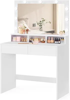 Image de Table de maquillage avec éclairage - Table pour cosmétiques - Idéale pour le maquillage - Intensité lumineuse réglable - 80 x 40 cm - Blanche