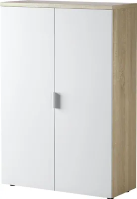 Produktbild von Mehrzweck-Kabinett Dlupp, Mehrzweckschrank mit 2 Türen, Schuhschrank mit 3 Einlegeböden, Modernes Schuhregal, 80x33h119 cm, Eiche und Weiß