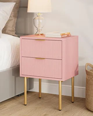 Zdjęcie produktu dla Nowoczesny stolik nocny w stylu boho z dwoma szufladami, w kolorze różowym