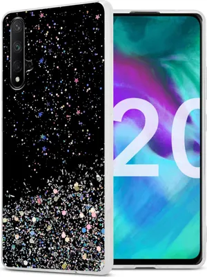 A smartphone case with a glittery, starry design is shown next to a smartphone.