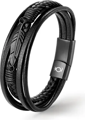 Produktbild von UNIQAL | Herren Lederarmband "FEATHER" geflochten Feder Bracelet | Echtleder, Edelstahl | Etui Box Gratis | Farbe: Schwarz | Länge: 19 cm