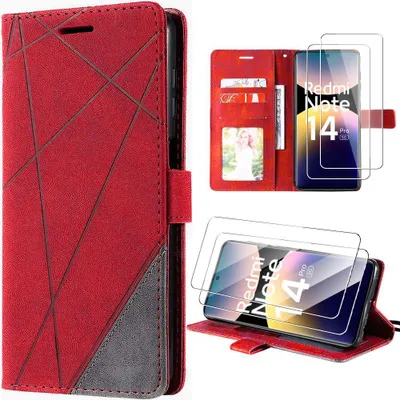 Image de Coque + 2 Verres Trempés pour Xiaomi Redmi Note 14 Pro 5G, Protection Anti-Rayures CuirPolyuréthaneRouge