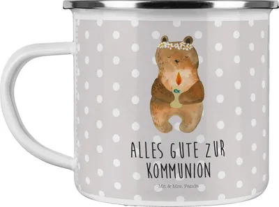 Produktbild von Mr. & Mrs. Panda Emaille Becher Bär Kommunion - Grau Pastell - Geschenk, Pott, Gottes Segen, wanderbecher, Tasse, Taufkerze, Teddy, Katholisch, Teetasse, Haferl