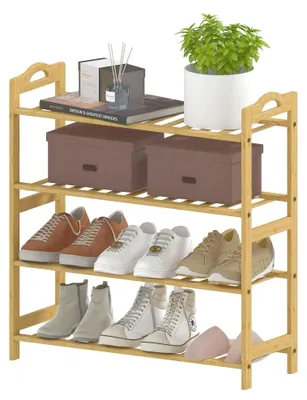 Image de Étagère à chaussures en bambou - Rangement à chaussures avec 4 niveaux - Pour 12 paires de chaussures - 67,5 x 24,7 x 72 cm - Aspect bois naturel - Marron