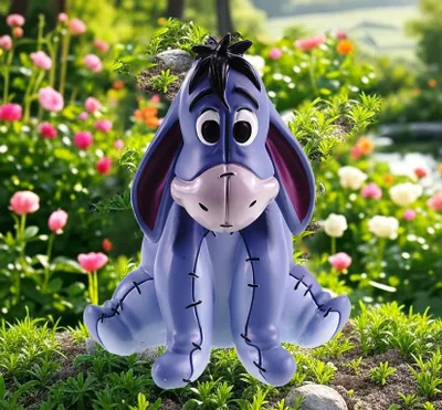 A figurine of Eeyore from Winnie the Pooh sitting in a garden with flowers.