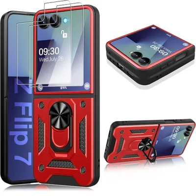 Image de Coque + 2 Verres Trempés pour Samsung Galaxy Z Flip 7, Protection Rigide Antichoc avec Anneau - Rouge
