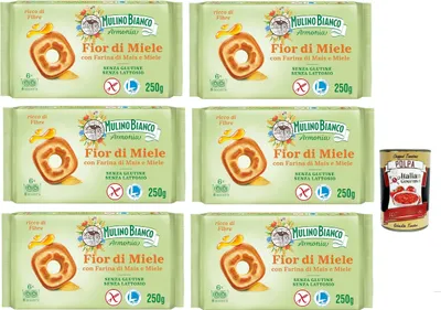 Produktbild von Mulino Bianco Fior di Miele Biscotti Frollini, Kekse mit Millefiori Honig, gluten free biscuits mit Maismehl, Laktose -freier, Gluten und Palmöl, Mulino Armonia, 6x 250g + Italian Gourmet polpa 400g