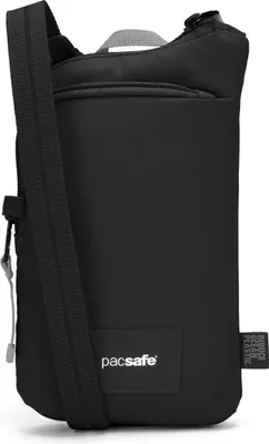 A black Pacsafe crossbody bag is shown from the side.