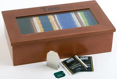 Produktbild von APS 11574 Teebox, Holz (Rubberwood), 33,5 x 20 cm, Höhe 9 cm, 4 Kammern, rot-braun