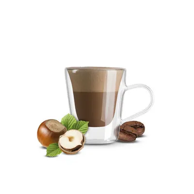 A cup of coffee with hazelnuts and coffee beans.