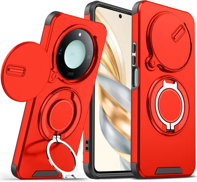Image de Etui double couche pour Honor X9C Smart, avec couvercle coulissant pour l'appareil photo et anneau magnétique Rouge