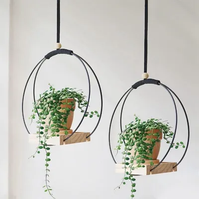 Produktbild von 2Stk Hängendes Blumentopf Regal mit Innen-Hängenden Blumentöpfen, Balkon-Dekoration, Pflanzen, Wohnzimmer, Holz-Regal, Blumenampel(rund*schwarz)