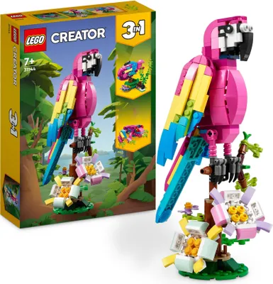 Produktbild von LEGO 31144 Creator 3-in-1 Exotischer Pinkfarbener Papagei, Frosch und Fisch, Dschungel-Spielzeug mit Tier-Figuren, tropische Schlafzimmer-Deko, Geschenk für Kinder, Mädchen, Jungen ab 7 Jahren