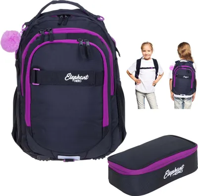 Produktbild von Schulrucksack Set 2 Teile Elephant Hero Signature Rucksack Schultasche Mädchen Mäppchen Box 13015 Tiff Lila Violett Black r mb
