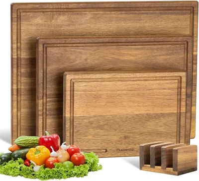 Imagen del producto de Juego de tablas de cortar de madera de acacia, de 3 piezas, con soporte