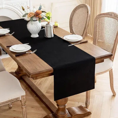 Zdjęcie produktu dla Bieżnik stołowy, czarny, 40x180 cm, imitacja lnu, poliester, wodoodporny, odporny na zarysowania