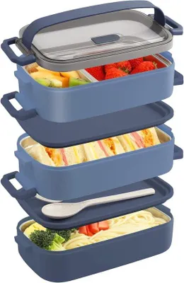 Obrázek produktu pro třívrstvý obědový box bento box - 2200ml přihrádky z nerezové oceli - příbory pro dospělé nepropustné modré