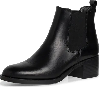 A black leather Chelsea boot with a block heel is shown against a white background.
