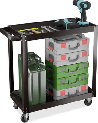 Obrázok produktu pre Relaxdays dielenský vozík, vozík na náradie s 2 policami, mobilný montážny vozík, nosnosť do 100 kg, VxŠxH: 76 x 78 x 35 cm, čierny