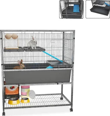 Produktbild von LZQ klietka pre malé zvieratá 88x48x102 cm - kovová klietka so 4 kolieskami (2 brzdy), odnímateľné rampy a plošiny, ideálna pre morčatá a škrečky, čierna