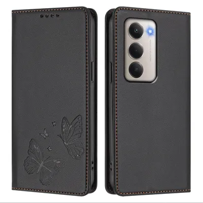 Obrázek produktu pro Kožené pouzdro pro Xiaomi Redmi 15 5G/4G, motýlí ražbou, peněženkové flip pouzdro se stojánkem Černá