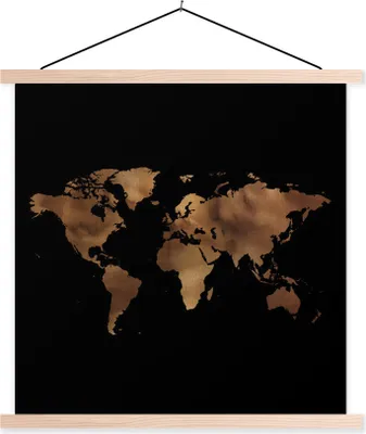 Produktbild von MuchoWow® Textilposter Weltkarte - Gold - Schwarz 120x120 cm mit holzfarbenen Rahmen - Textil-Poster