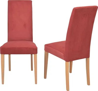 Two red upholstered dining chairs with wooden legs are shown against a white background.