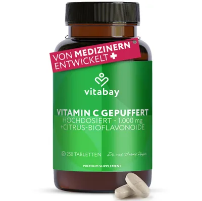 Produktbild von Vitabay Vitamin C 1000 mg – 250 vegane Retardtabletten – gepuffert mit Citrus-Bioflavonoiden – ohne Zusatzstoffe – 250 Tage Vorrat