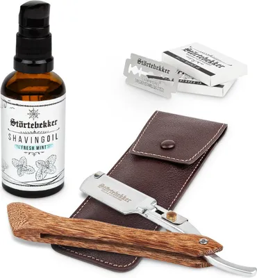 Produktbild von Störtebekker Konturen Set - Rasiermesser mit Holzgriff – mit handgefertigtem Lederetui Café - Rasierset / Bartpflege Set Herren, Geschenkidee