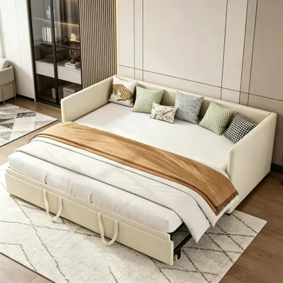 Obrázok produktu pre INONEFT denná posteľ 90x200 cm / 180x200 cm, rozťahovacia pohovka s roštom a opierkami, multifunkčná posteľ pre hostí, materiál: zamat, farba: béžová